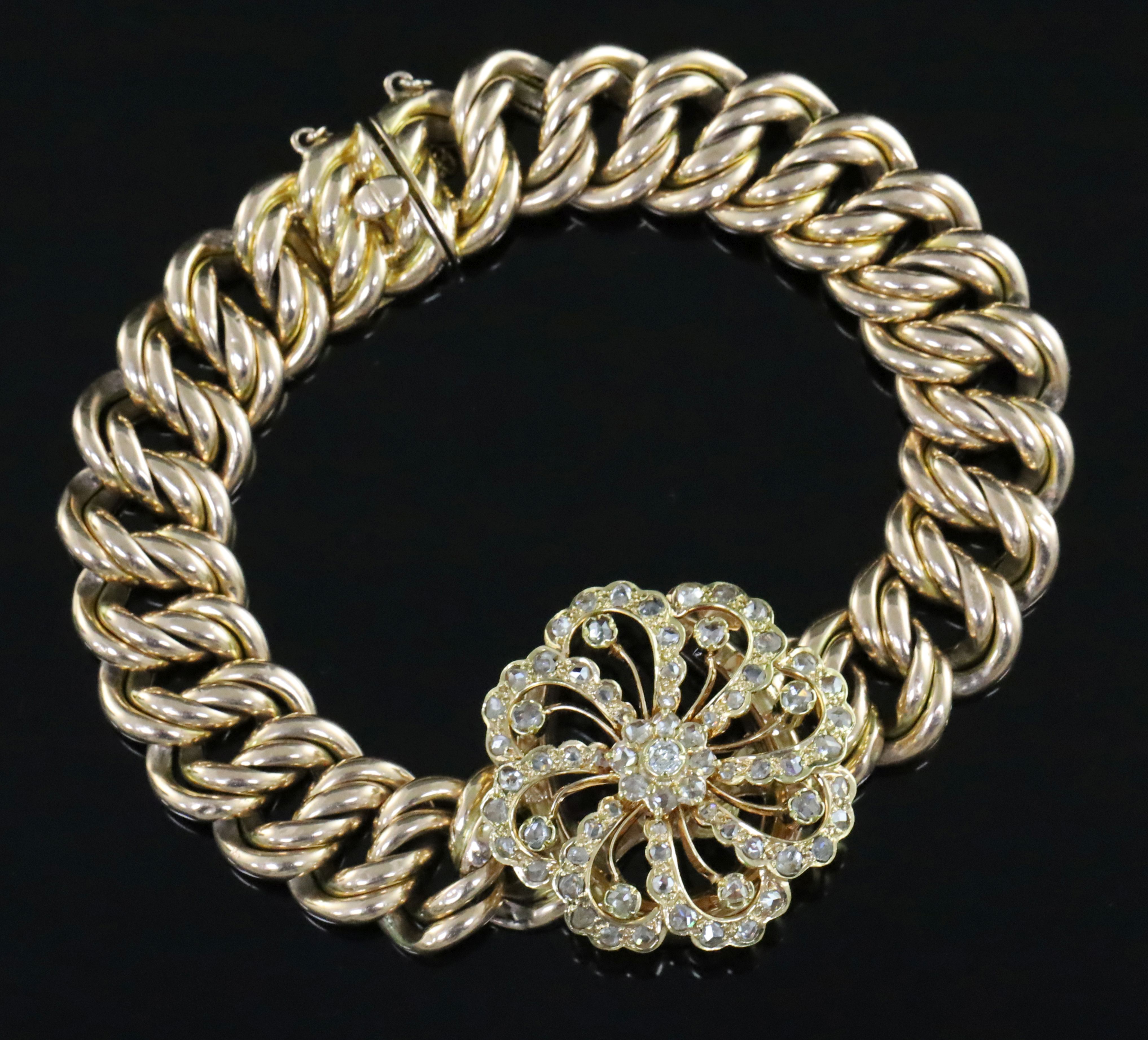 An 18ct gold and diamond set bracelet, the central whorl shaped motif with brooch attachment stamped