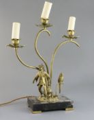 A gilt bronze and brass three light table lamp, modelled with a Chinese figure and parrot