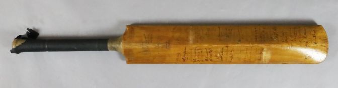 A Wally Hammond's World Test Record cricket bat, signed by notables of the day including Don