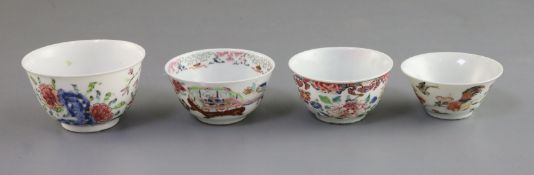 Four Chinese famille rose tea bowls, Yongzheng/Qianlong period, the first painted with chickens amid