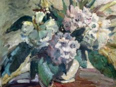 § Attributed to Dorothea Sharp RBA, ROI (1874-1955)oil on cardStill life of rhododendron flowers