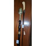 A 19th century French ivory handled mahogany cane handle 4.3in., and early 19th century brass and