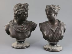 A pair of 19th century French N & H bronzed ceramic busts of Apollo and Diana, impressed marks, 11.