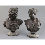 A pair of 19th century French N & H bronzed ceramic busts of Apollo and Diana, impressed marks, 11.