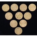 Ten gold full sovereigns, 1871, 1873, 1881, 1887, 1891, 1899, 1900, 1911, 1912 & 1978.