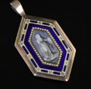 A Regency gold, seed pearl and two colour enamel hexagonal mourning pendant, with central panel,