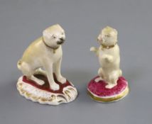 Two Rockingham porcelain figures of pugs, c.1830, the first seated, inscribed in gilt 'CL2', the