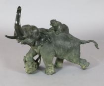 A large Japanese bronze group of tigers attacking an elephant, Meiji period, cast three character