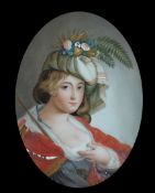 A 19th century English School reverse painted glass panel of a young lady representing Autumn 13.5 x