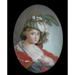 A 19th century English School reverse painted glass panel of a young lady representing Autumn 13.5 x