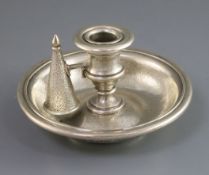 An unusual William IV textured silver chamberstick by Paul Storr, with later unmarked snuffer,