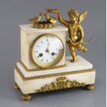 A 19th century French ormolu and white marble mantel clock, surmounted with Cupid and two doves,