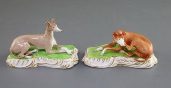 A pair of Copeland & Garrett porcelain figures of greyhounds, c.1833-47, the tan-coloured dog