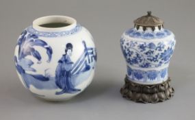 Two small Chinese blue and white jars, Kangxi period, the first of globular form painted with two