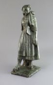 Louis Henri Nicot (1878-1944). A bronze figure of a Flemish woman holding an umbrella, signed,