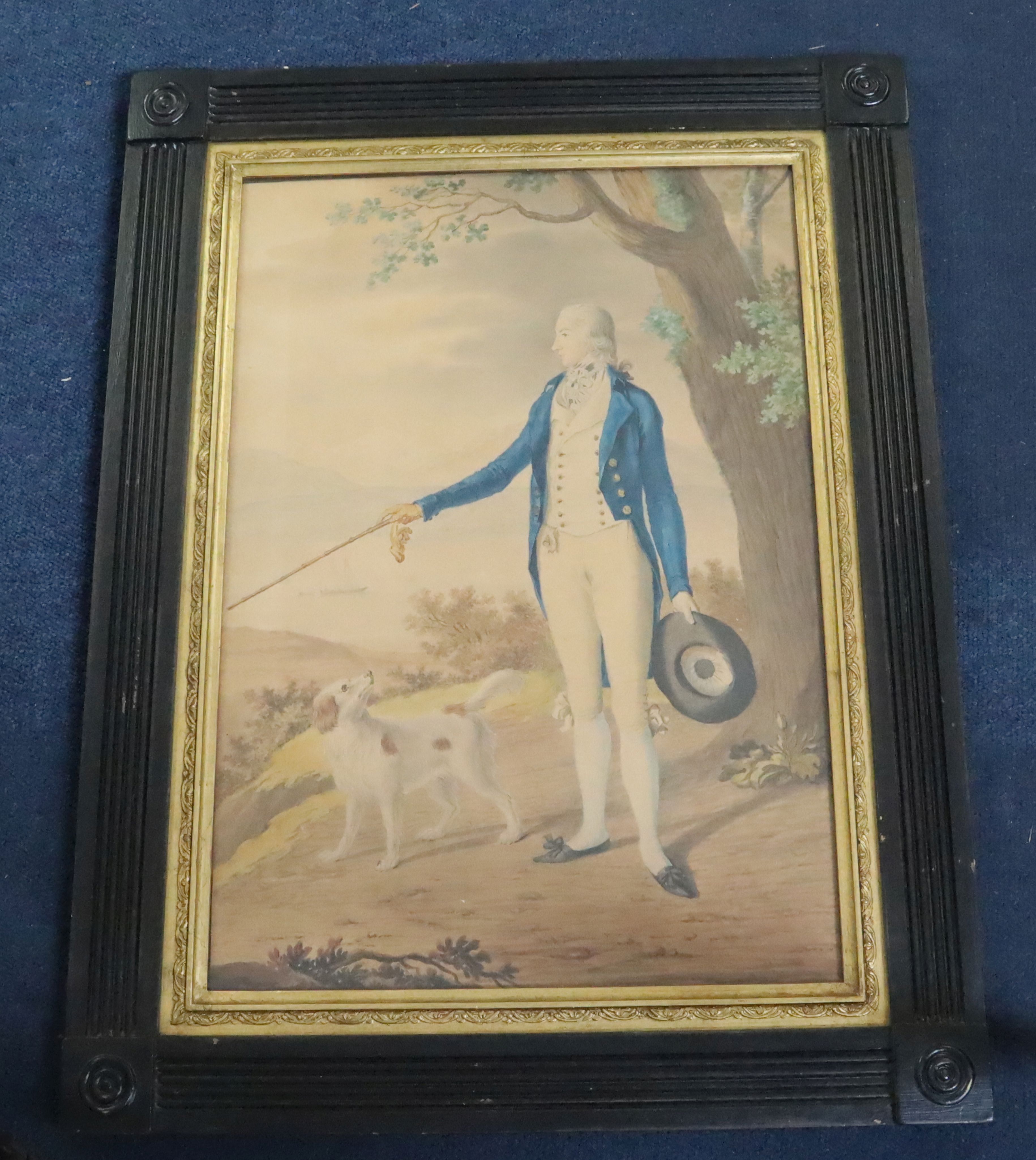 Early 19th century English SchoolwatercolourPortrait of Hugh Hammersley, standing with a dog in a - Image 2 of 3