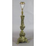 A 19th century Continental brass overlaid altar stick table lamp, height 33in.