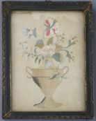 A pair of Regency silkwork panels depicting flowers in an urn and a strawberry plant, 8.25 x 6.5in.,