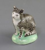 A rare Lowestoft porcelain figure of a seated tabby cat, c.1780, on a green washed mound base,