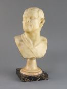 A 19th century alabaster bust of a gentleman, on cream and black veined marble base, 12.5in.