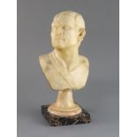 A 19th century alabaster bust of a gentleman, on cream and black veined marble base, 12.5in.