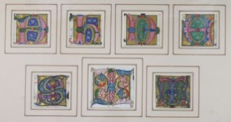 A group of nine 15th century ink on vellum illuminated letters, cropped from manuscripts, largest