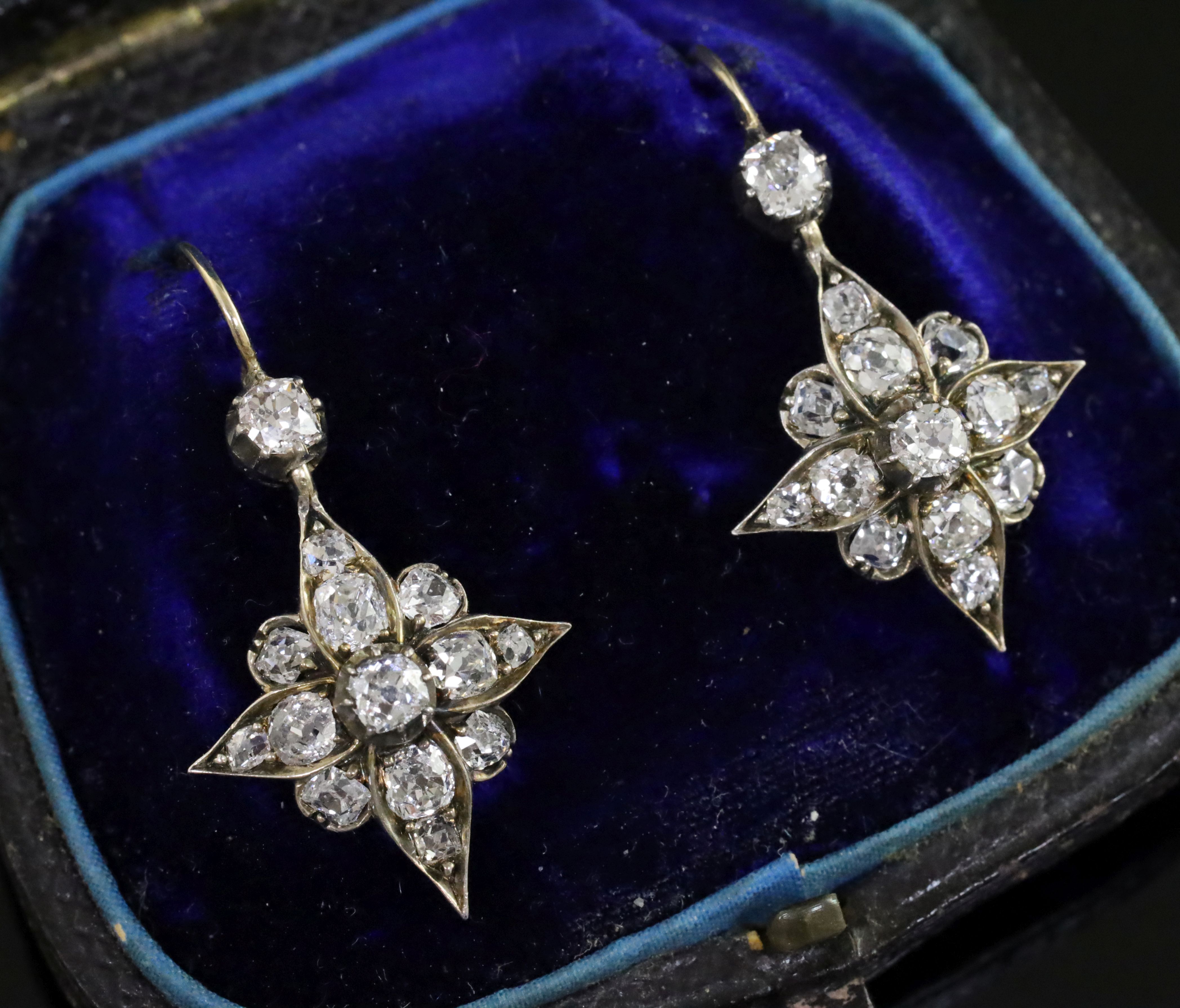 A pair of Victorian gold, silver and old mine cut diamond set drop earrings, in original box,