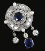 A mid 20th century platinum and gold sapphire, diamond and cultured? pearl-set target drop brooch-