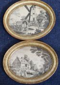 A pair of Regency hairwork pictures depicting millers loading a waggon and a milkmaid beside a