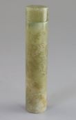A Chinese celadon and russet jade perfume holder, of cylindrical form, incised with flowers and