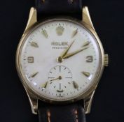 A gentleman's 1960's? 9ct gold Rolex Precision manual wind wrist watch, with Arabic and arrowhead