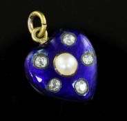 A Victorian gold, blue enamel, diamond and pearl set heart shaped pendant, the back with glazed