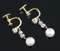 A pair of Edwardian gold, cultured pearl? and diamond drop ear clips, 22mm.