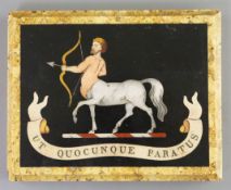 A pietra dura paperweight, decorated with a centaur and the motto 'Ut Quocunque Paratus', 6in.