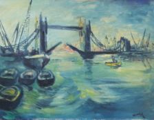 James Lawrence Isherwood (1917-1988)oil on hardboardTower Bridge with bargessigned and dated '6113.
