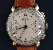 A gentleman's 1950's? 18ct gold Ardath chronograph manual wind wrist watch, with Arabic and dot