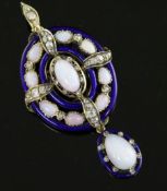A good Victorian, white opal, blue enamel and diamond set oval drop pendant brooch, set with ten