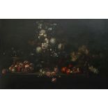 17th century Flemish Schooloil on canvasStill life of flowers and fruit on a table top42 x 63in.