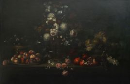 17th century Flemish Schooloil on canvasStill life of flowers and fruit on a table top42 x 63in.
