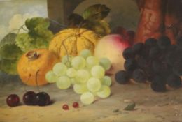 Attributed to Edward Ladell (1821-1886)oil on panelStill life of grapes, a pomegranite, a peach