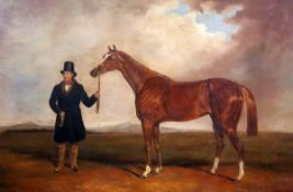 Mid 19th century School, oil on canvas. Racehorse and groom in a landscape