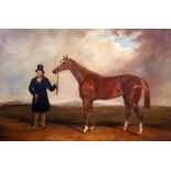 Mid 19th century School, oil on canvas. Racehorse and groom in a landscape