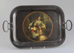 A Regency toleware tray, with iron loop handles and decorated with a portrait of two young ladies
