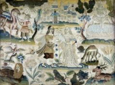 A 17th century English stumpwork panel, depicting the story of Rebecca and Eliezer at the well, 10.