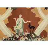 A French Art Deco tapestry panel in the manner of Jean Dupas, woven with an elegant lady, two deer