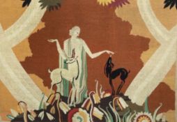 A French Art Deco tapestry panel in the manner of Jean Dupas, woven with an elegant lady, two deer