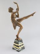 Janloz. A French Art Deco bronze figure of a dancing woman, on two colour marble plinth, height 17.