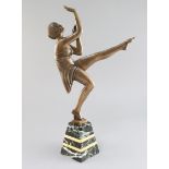 Janloz. A French Art Deco bronze figure of a dancing woman, on two colour marble plinth, height 17.