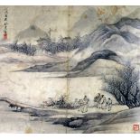 Three Chinese ink paintings after Song and Yuan old masters, each depicting sages in landscapes, one