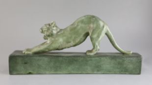 G.H. Laurent. A bronzed terracotta model of a stretching tiger, signed on the plinth, 17.5in.